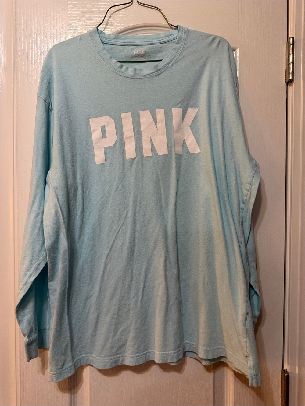 PINK Victoria's Secret Light Blue Long Sleeve Tee with White Logo
